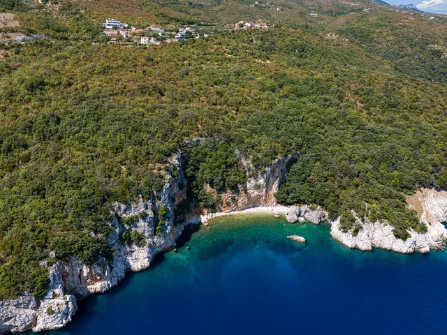 Aerial view of a rocky cove near Brestova