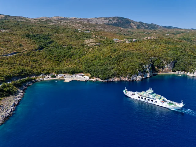 Aerial view of the ferry and coastline at Brestova